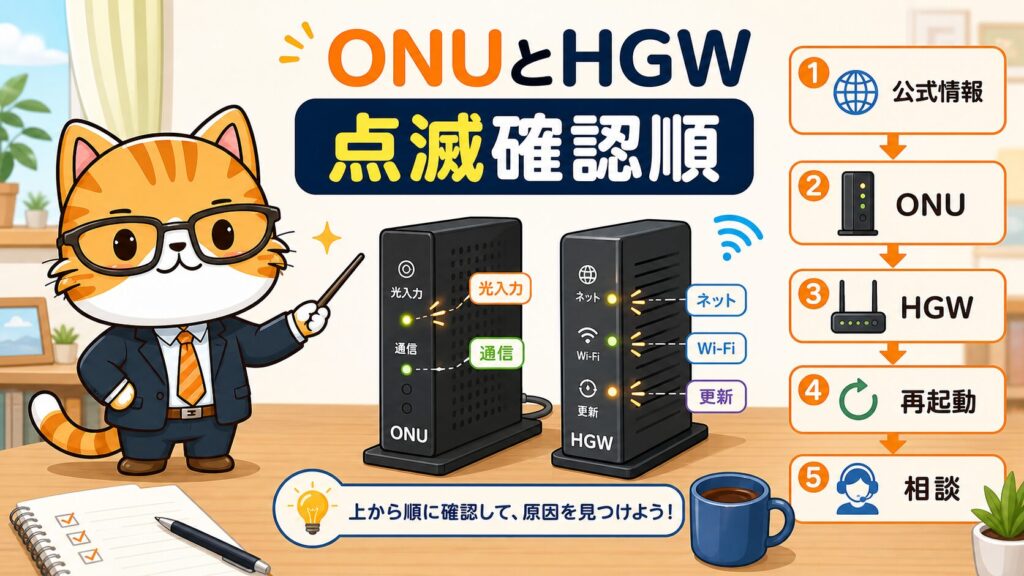 auひかりのONUとホームゲートウェイ点滅時の確認順