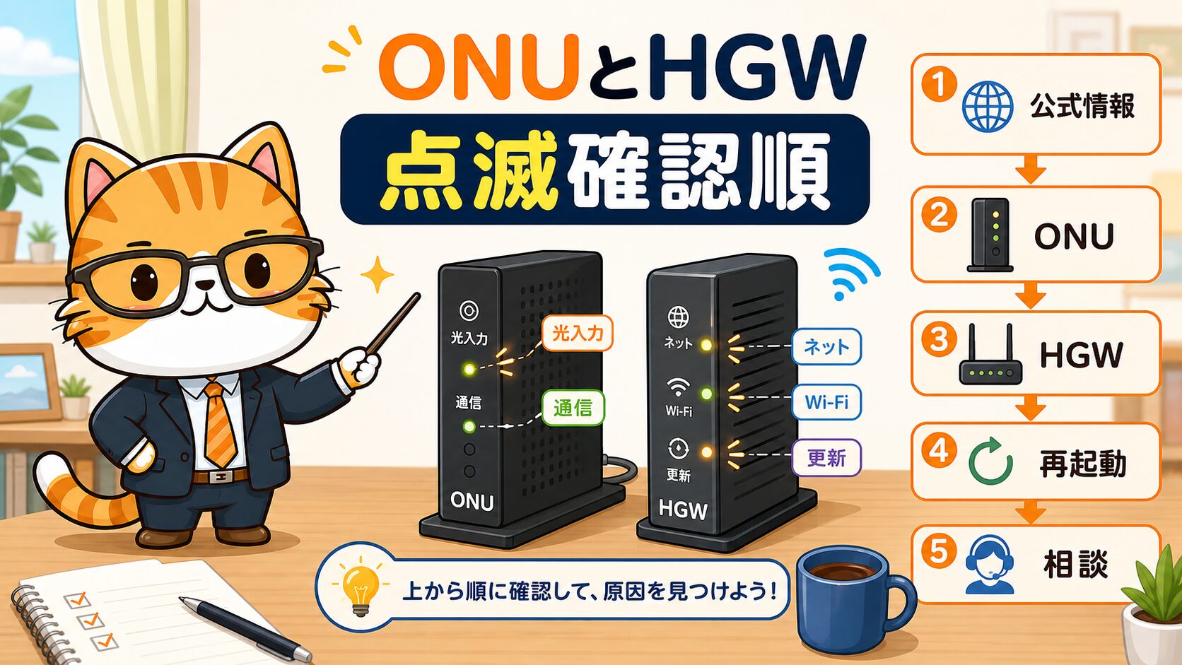 auひかりのONUとホームゲートウェイ点滅時の確認順