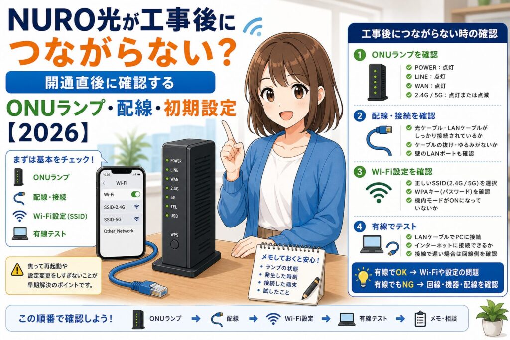 NURO光の工事後につながらない時にONUランプ、配線、SSID、有線テストを確認するアイキャッチ