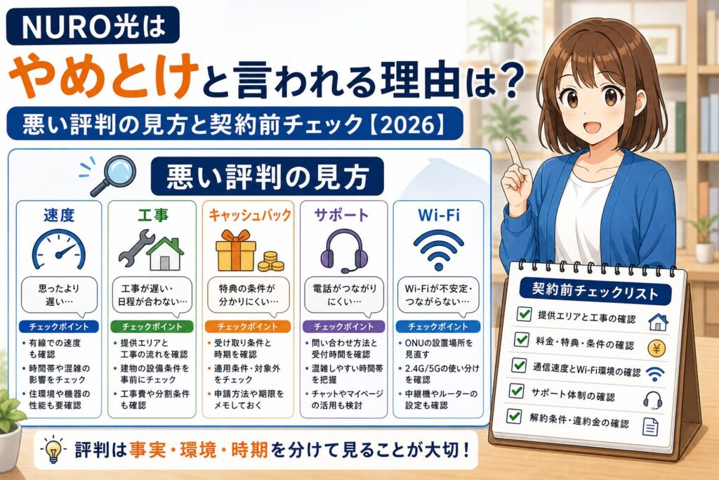 NURO光の悪い評判を速度、工事、特典、サポート、Wi-Fiに分けて契約前チェックするアイキャッチ
