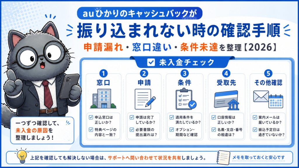 auひかりのキャッシュバックが振り込まれない時に窓口、申請、条件、受取先を確認するアイキャッチ