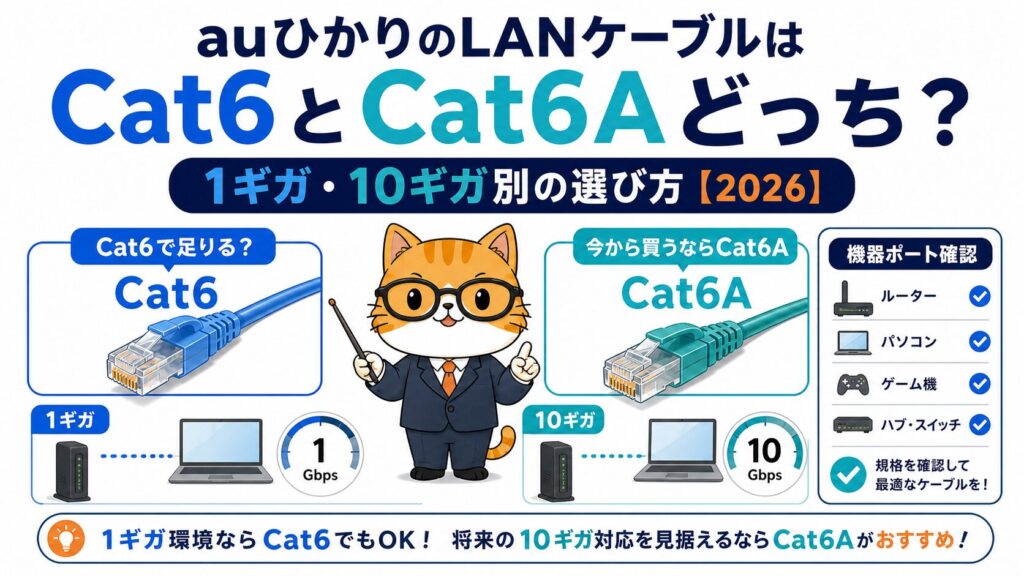 auひかりのLANケーブルをCat6とCat6Aで比較して選ぶアイキャッチ
