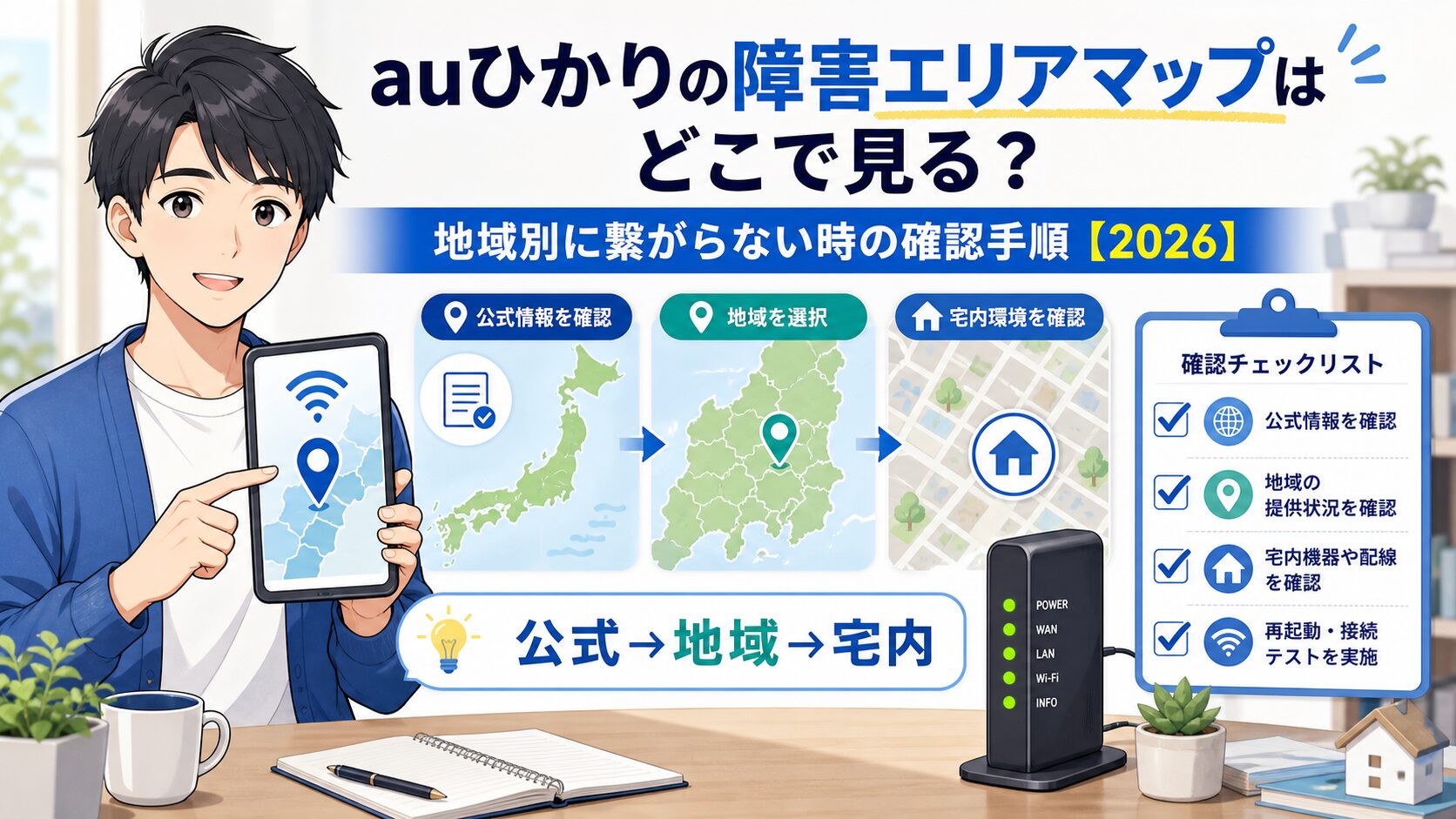 auひかりの障害エリアマップと地域別確認手順のアイキャッチ