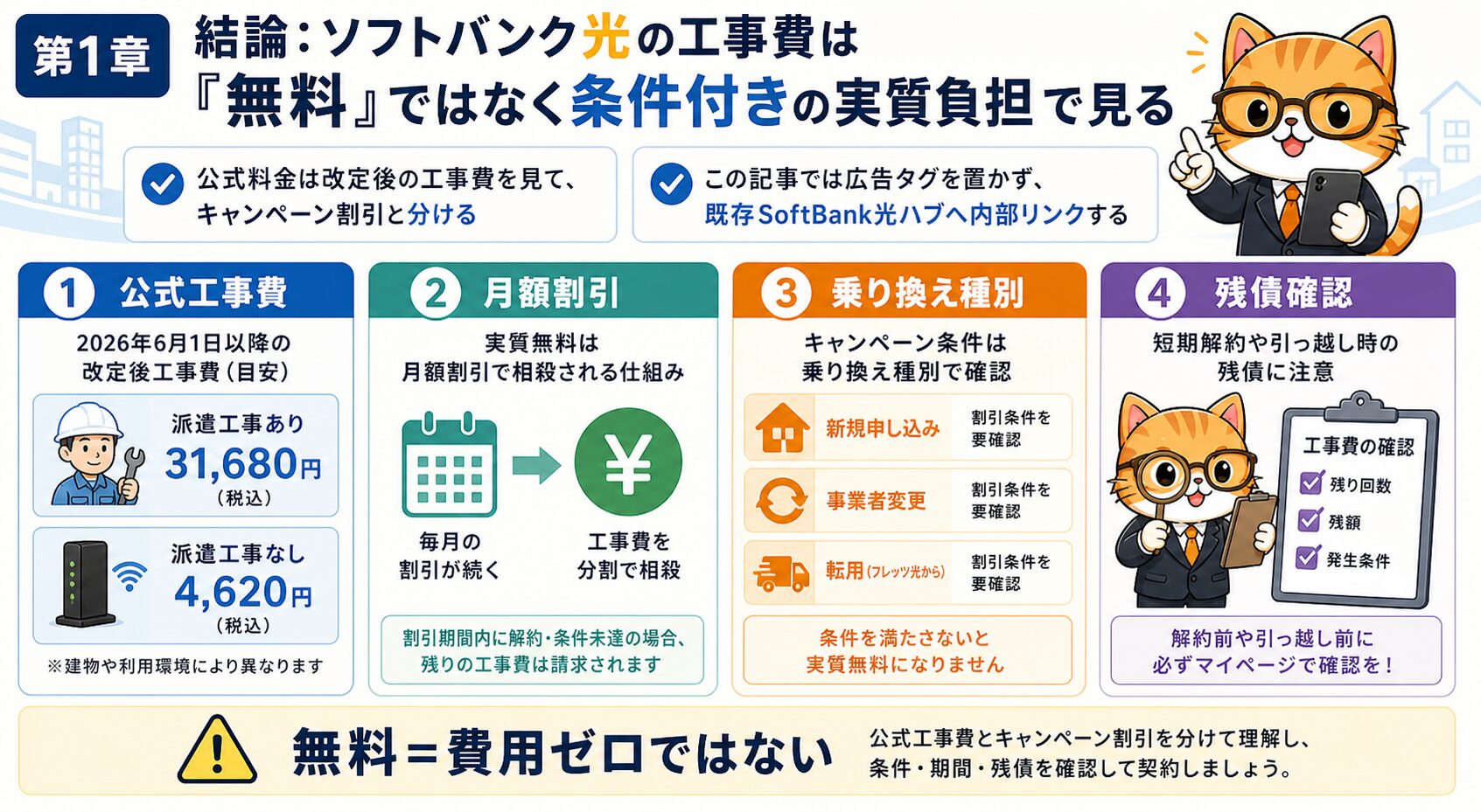 ソフトバンク光の工事費無料条件を料金と割引で確認する