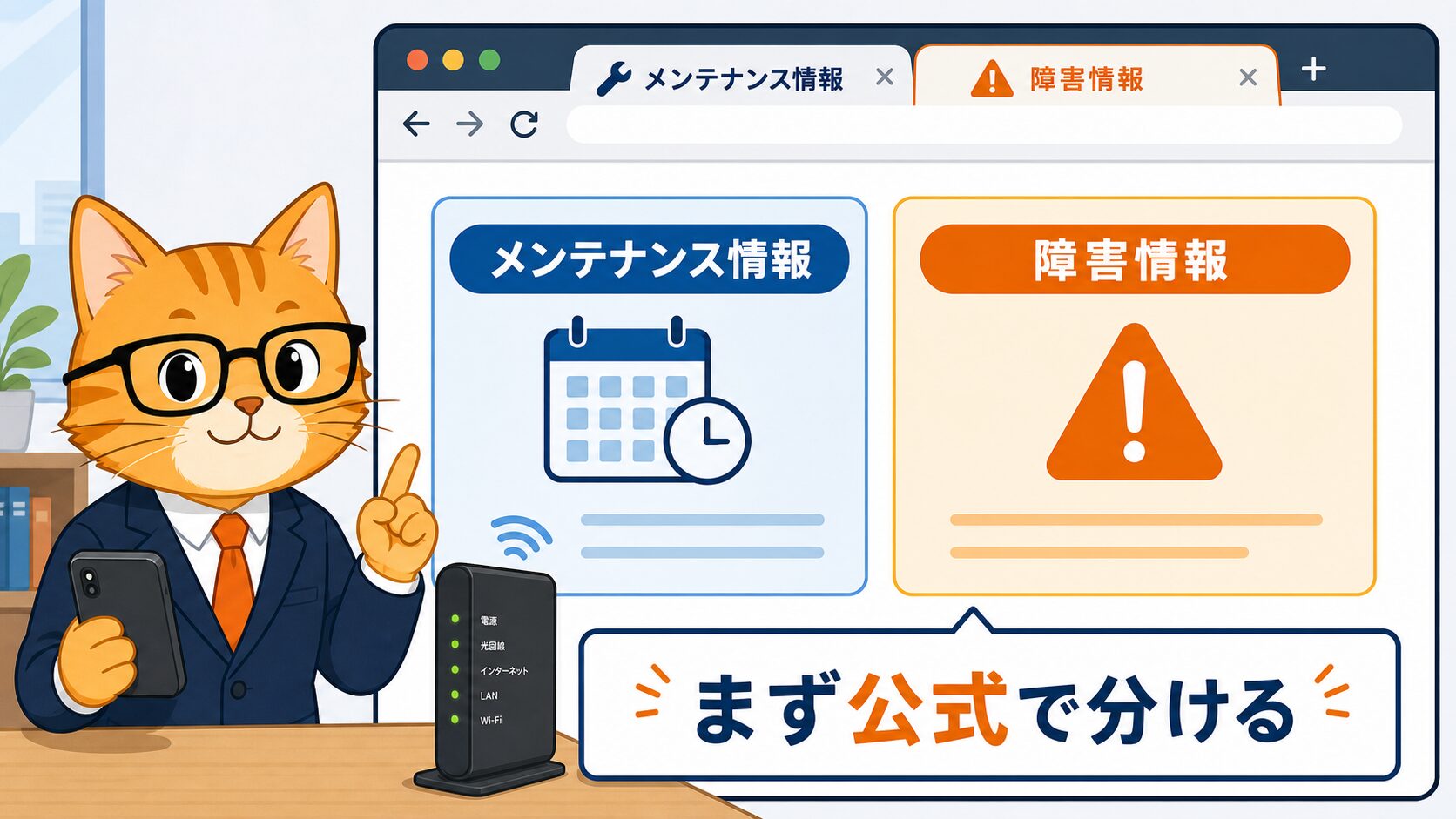 auひかりのメンテナンス情報と障害情報を分けて確認する