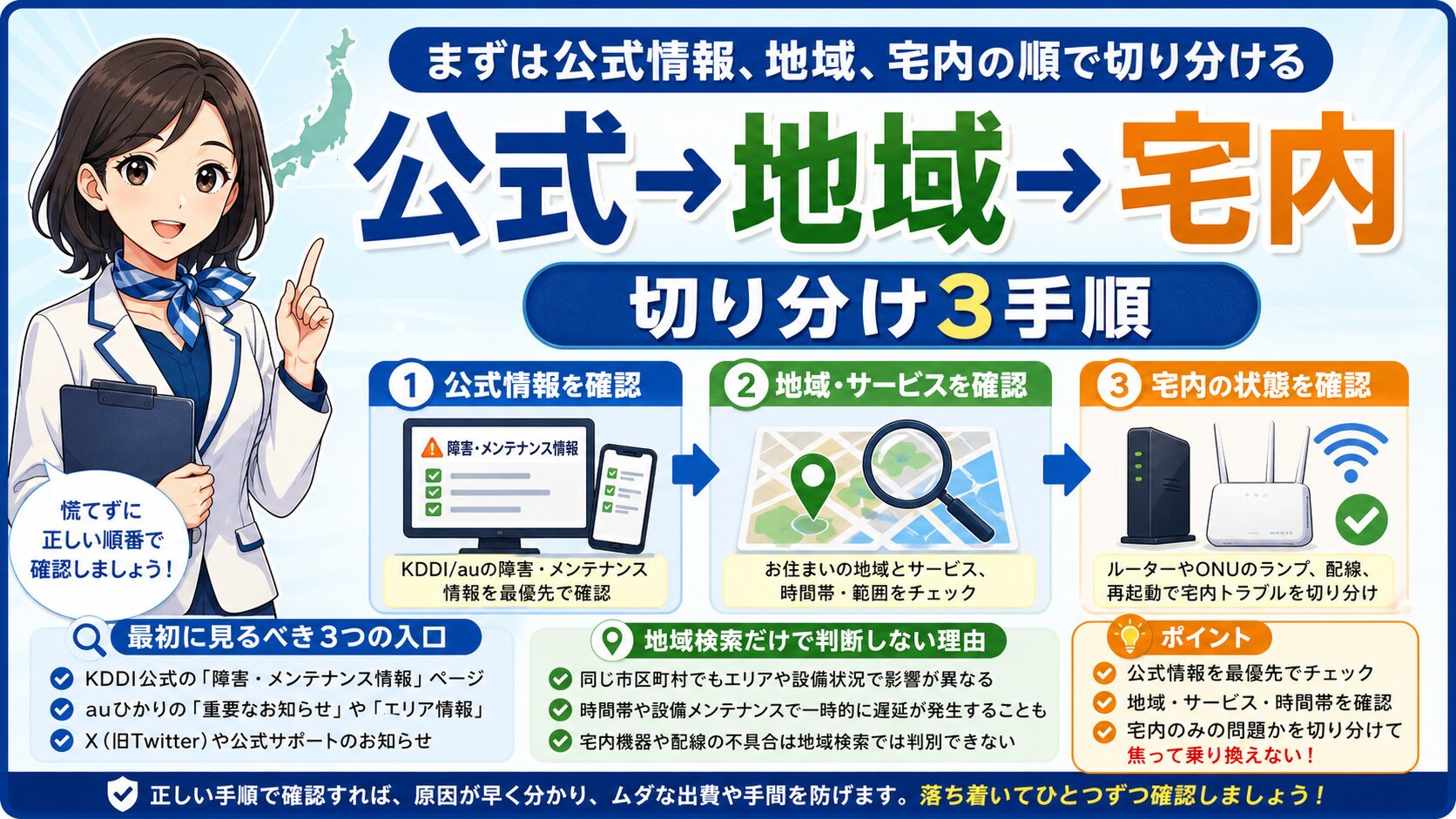 auひかりの障害確認を公式、地域、宅内の順で切り分ける流れ