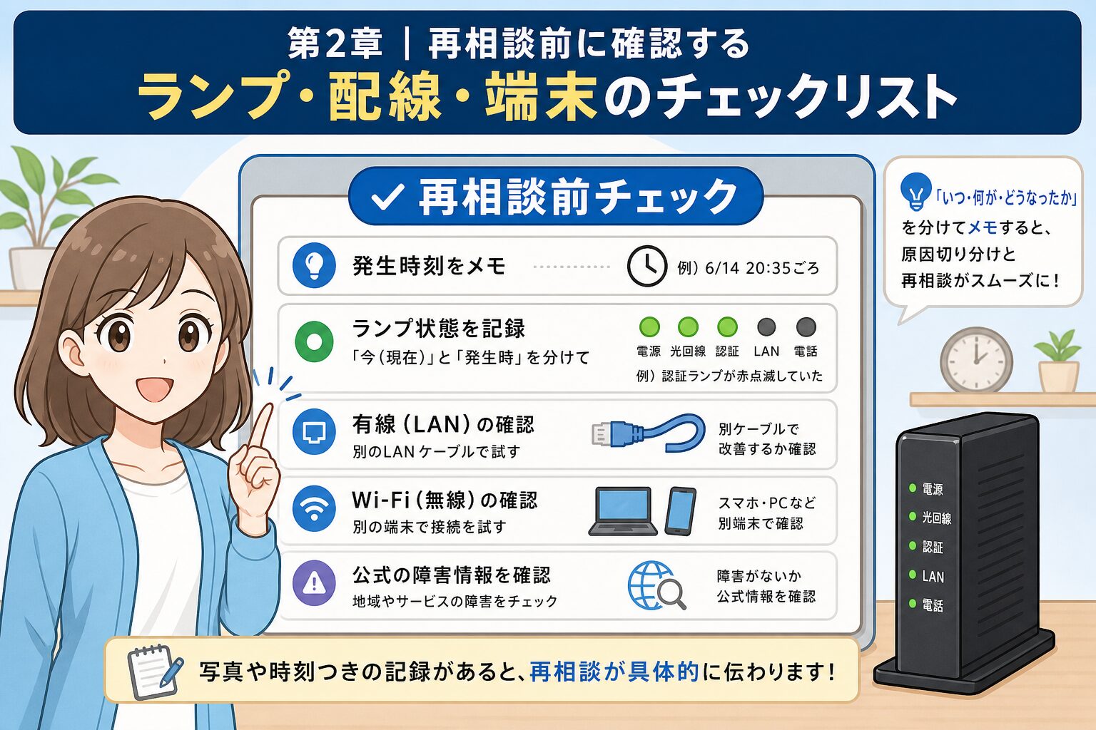 ONU交換を再相談する前のランプと接続チェック
