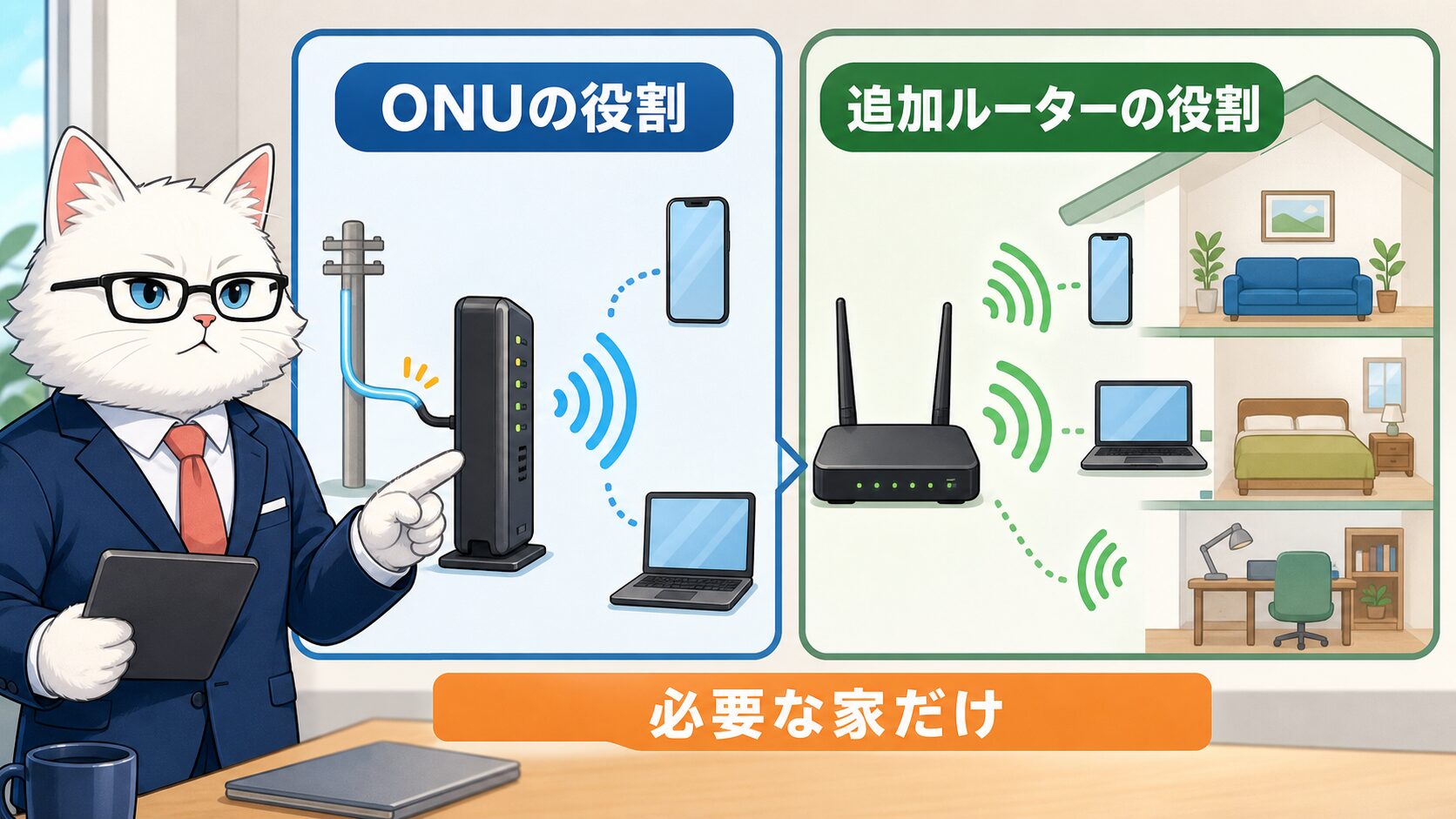 NURO光のONUと追加ルーターの役割を分ける図解