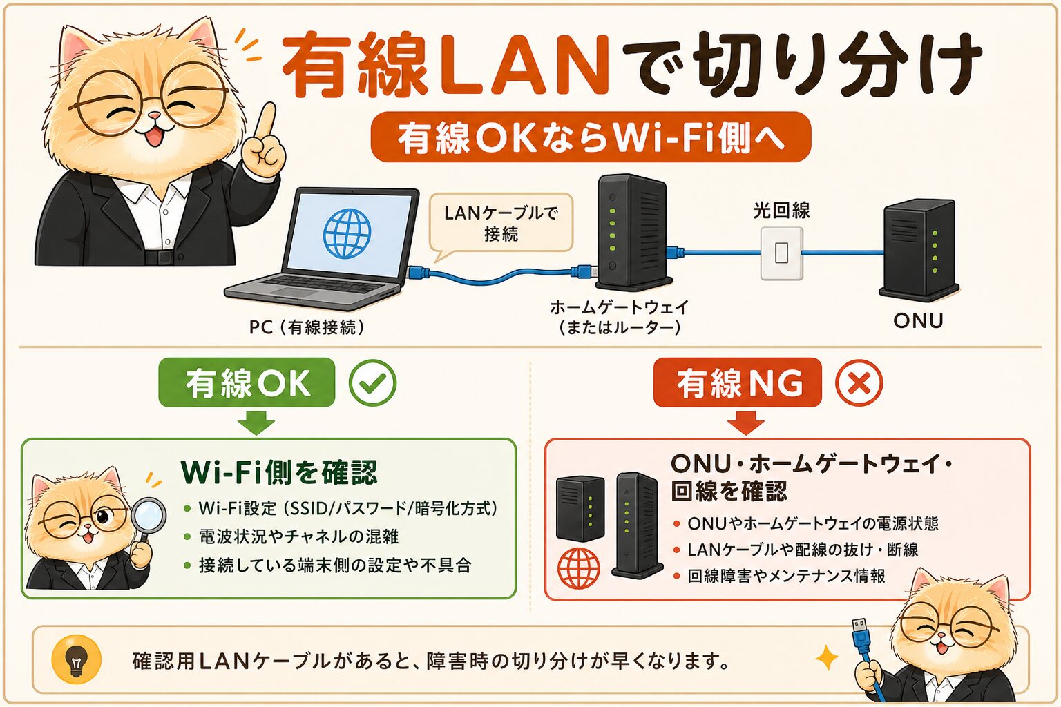 有線LANでauひかり回線とWi-Fi不調を切り分ける