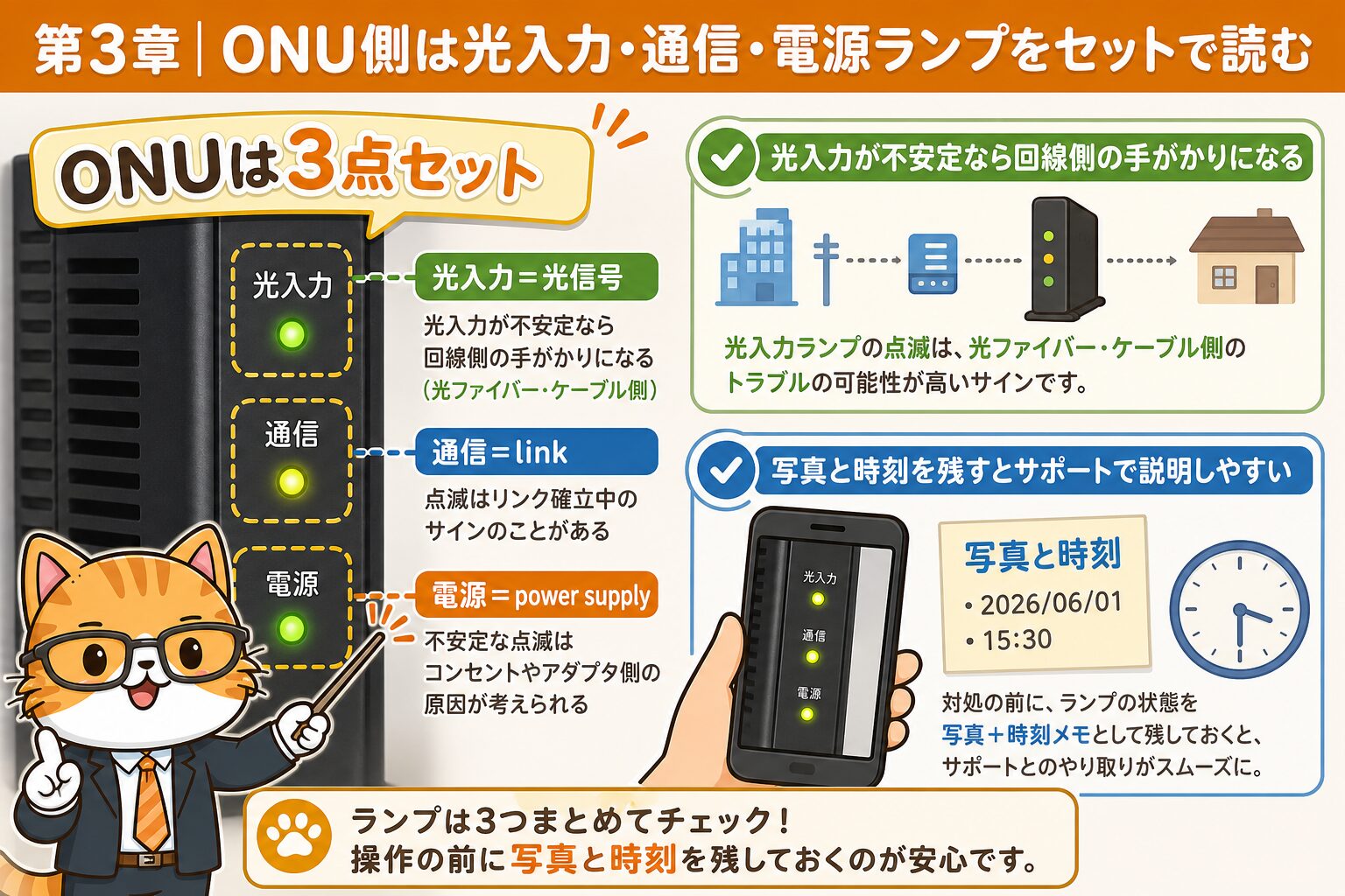auひかりONUの光入力と通信ランプを見分けるチェック