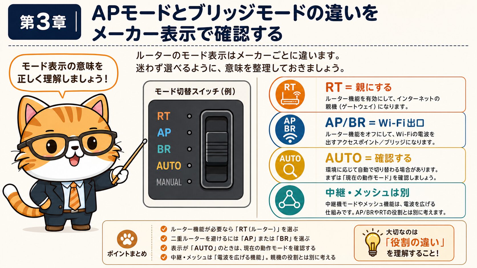 メーカーごとに違うAPモードとブリッジモードの表示