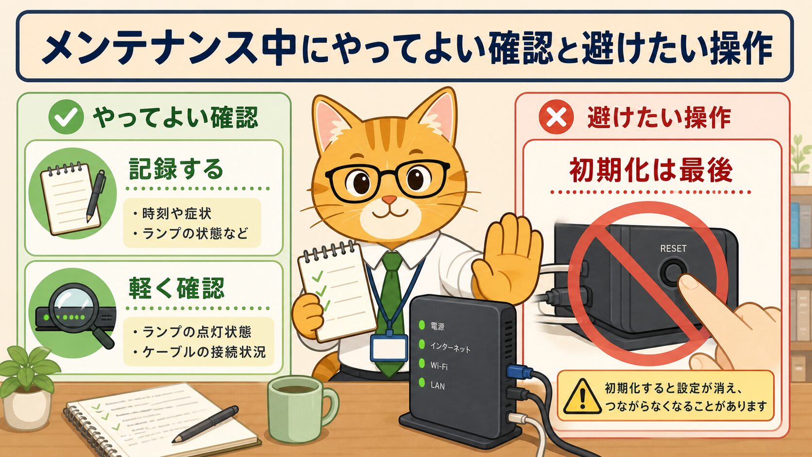 メンテナンス中にやってよい確認と避けたい操作