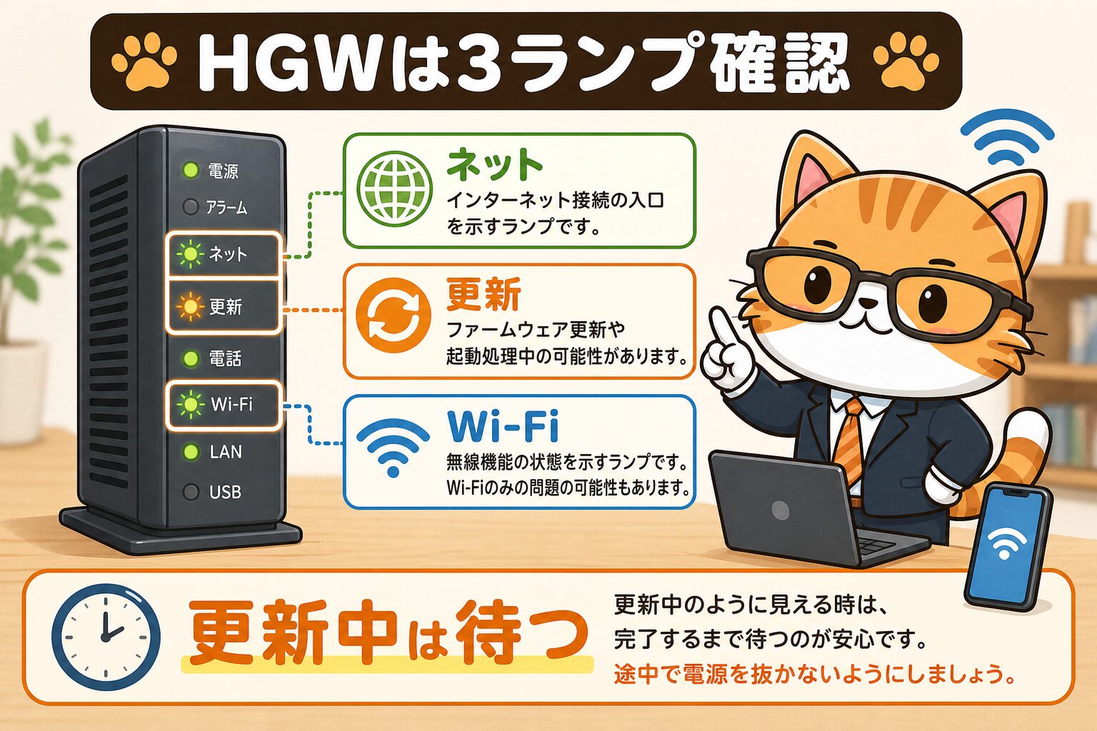 auひかりホームゲートウェイのネット更新Wi-Fiランプを確認する