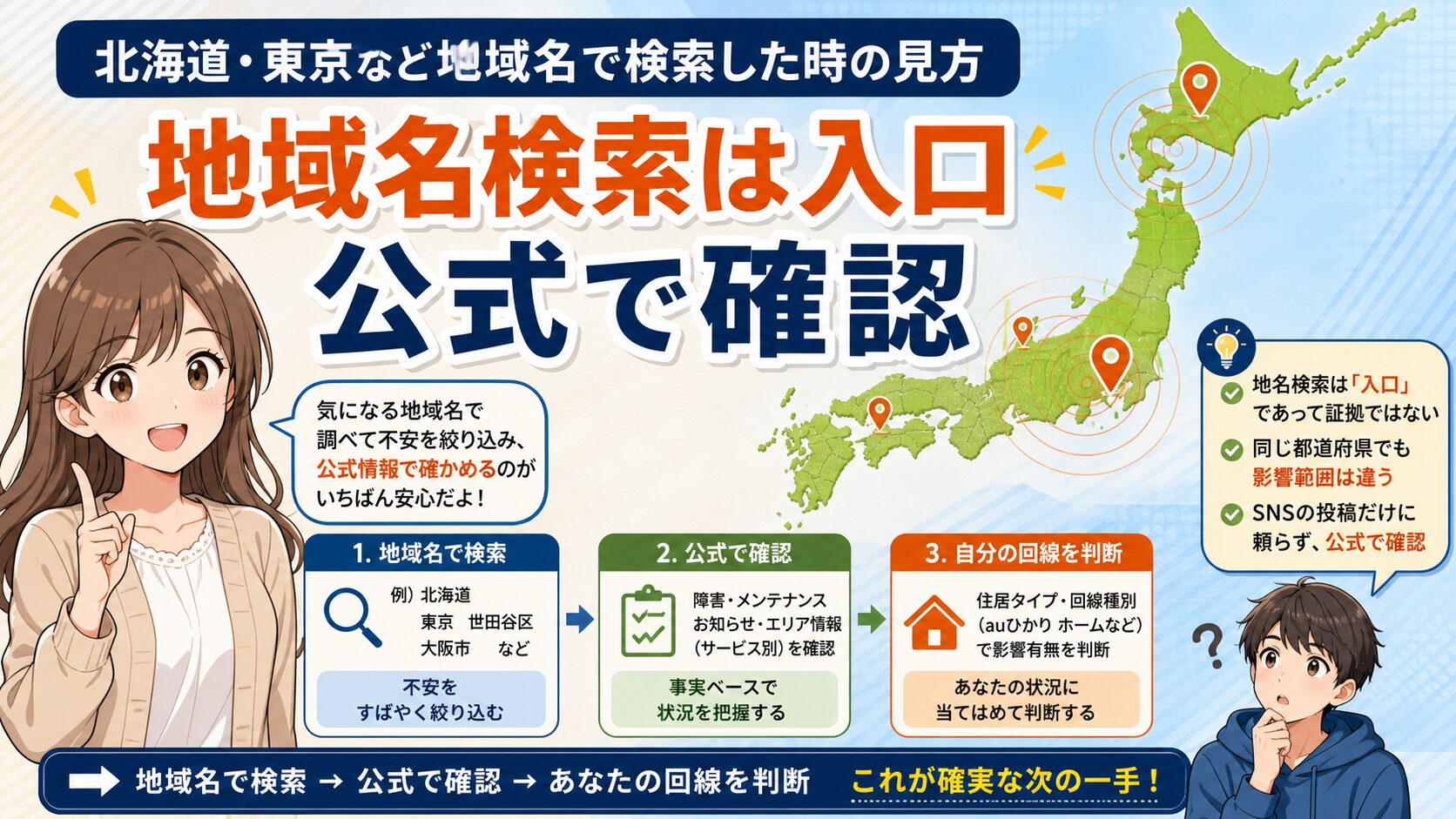北海道や東京など地域名でauひかり障害を検索した時の見方