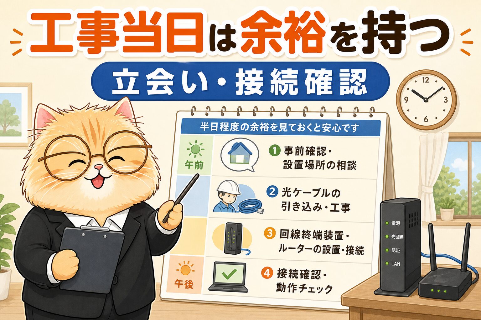 BBIQの工事当日は2時間から4時間程度を見て立会い準備をする