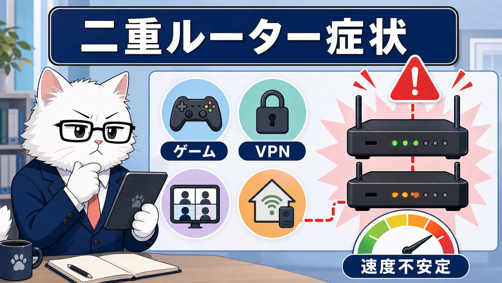 二重ルーターで起きやすいゲームやVPNの不具合を示す図解