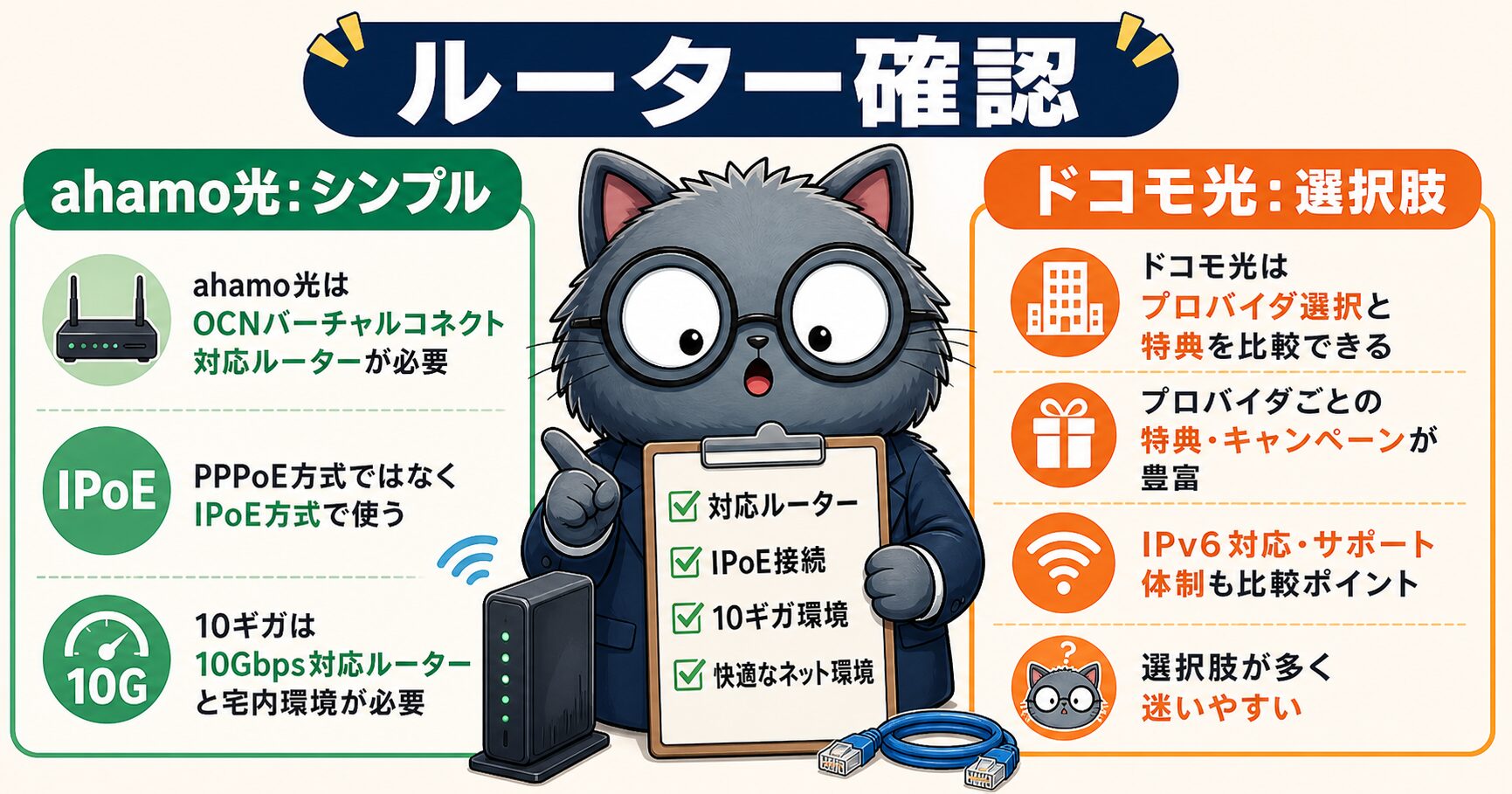 ahamo光とドコモ光のプロバイダとルーター条件を比較する