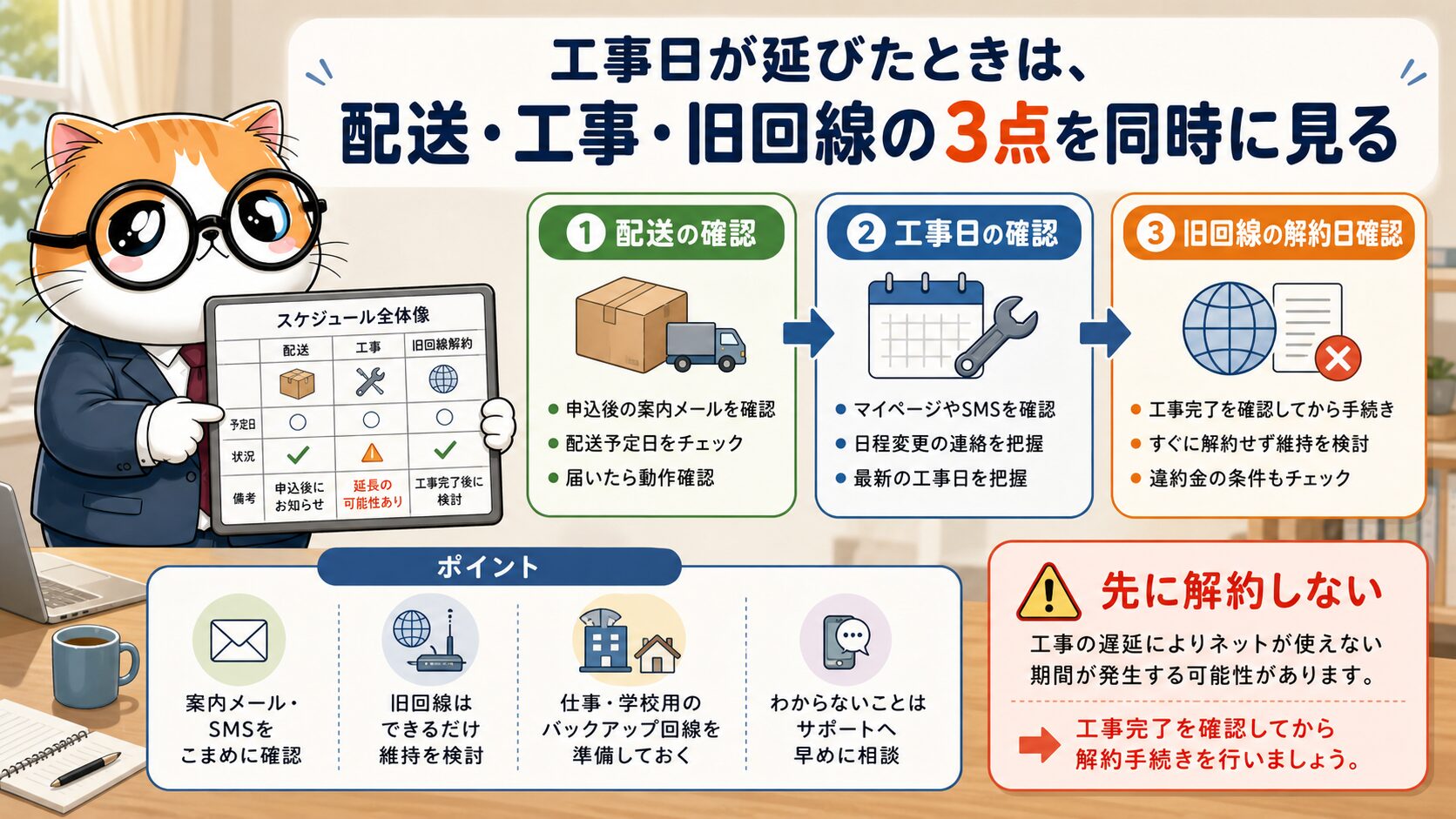 工事日が延びたときの開通前レンタル活用と連絡確認を整理する
