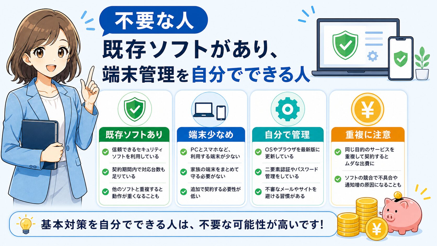 NURO 光 Safeが不要寄りの人を、既存ソフトあり、一人利用、端末管理できる人に分けたチェックリスト