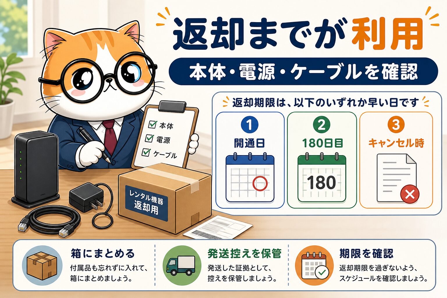 開通前レンタルの返却物と提供終了日を確認する