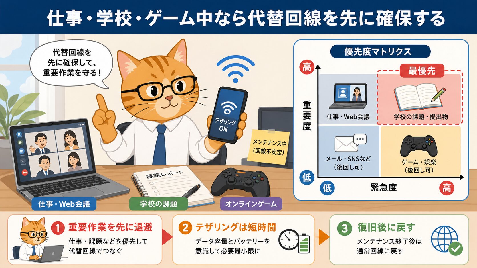 メンテナンス中は代替回線と重要作業の退避を優先する