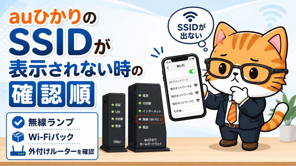 auひかりのSSIDが表示されない時の確認順を説明するアイキャッチ