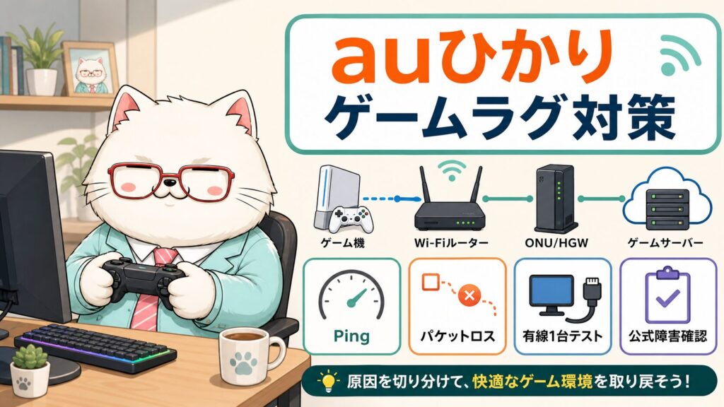 auひかりでオンラインゲームがラグい時の原因切り分けをまとめたアイキャッチ