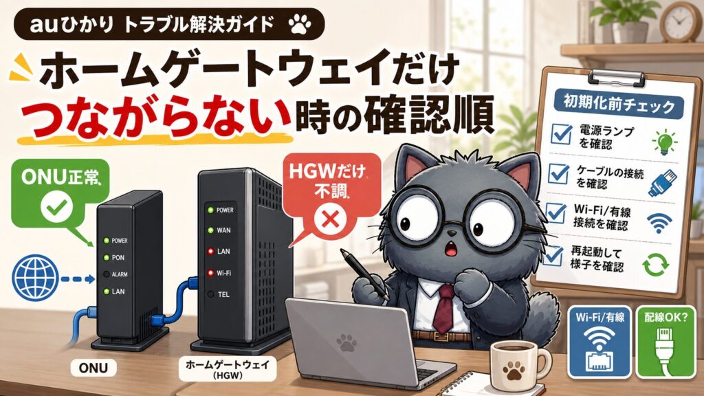 auひかりのホームゲートウェイだけつながらない時にONU正常とWi-Fi有線ランプを確認する