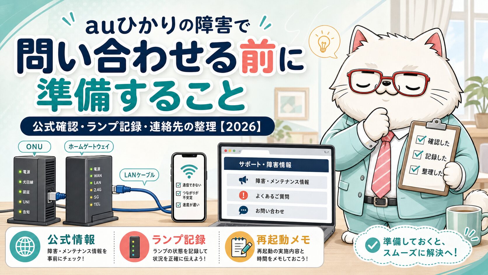auひかりの障害問い合わせ前に公式確認とランプ記録と連絡先を整理する