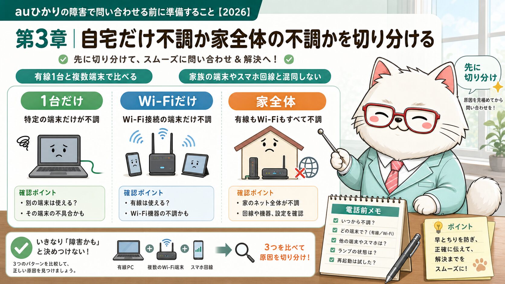 自宅だけ不調か家全体の不調かを有線とWi-Fiと端末で切り分ける