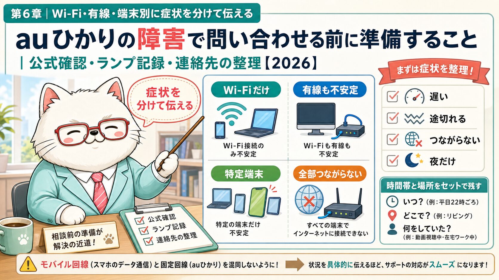 auひかり問い合わせ前にWi-Fi有線端末別の症状を整理する