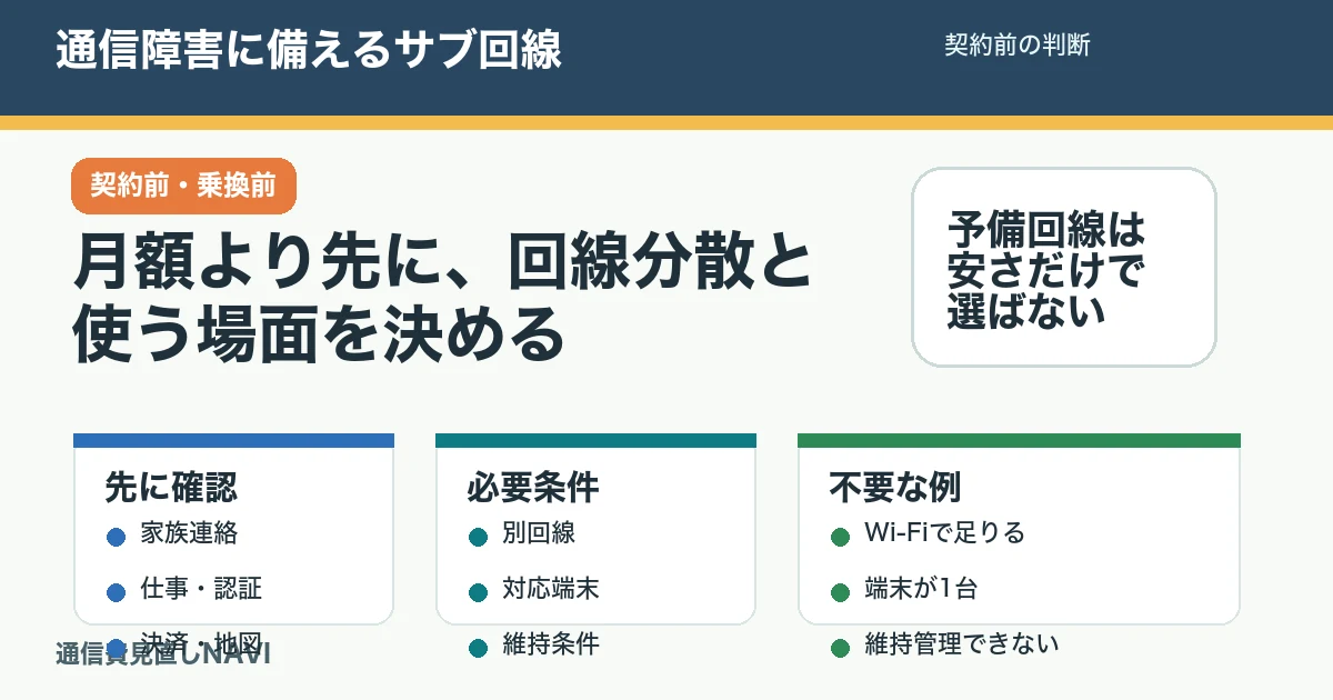 通信障害に備えるサブ回線の判断記事のアイキャッチ。主回線、サブ回線、Wi-Fi、家族連絡を分けて確認する。