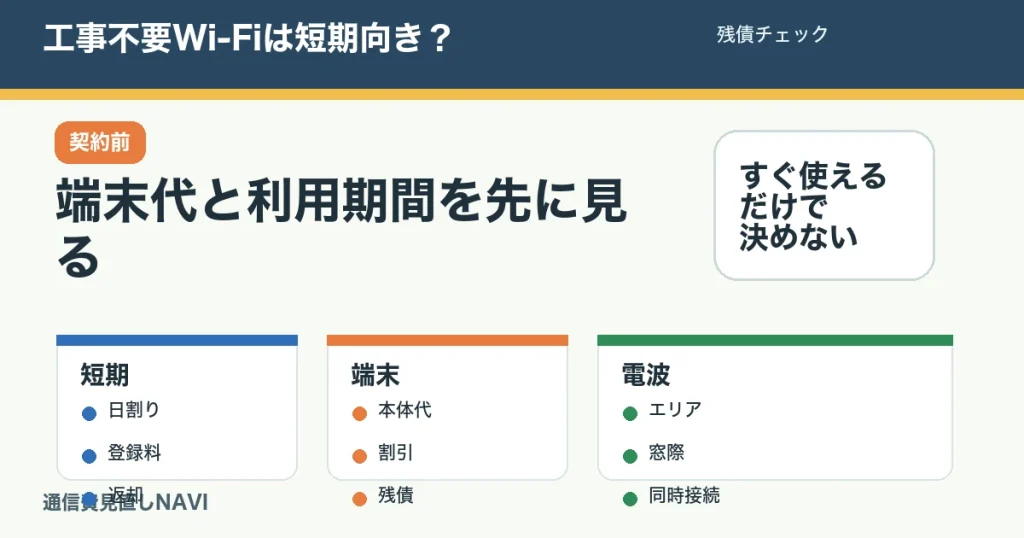 工事不要Wi-Fiとホームルーターを短期利用で選ぶ前に端末代、月額、残債、利用期間を確認する記事のアイキャッチ。