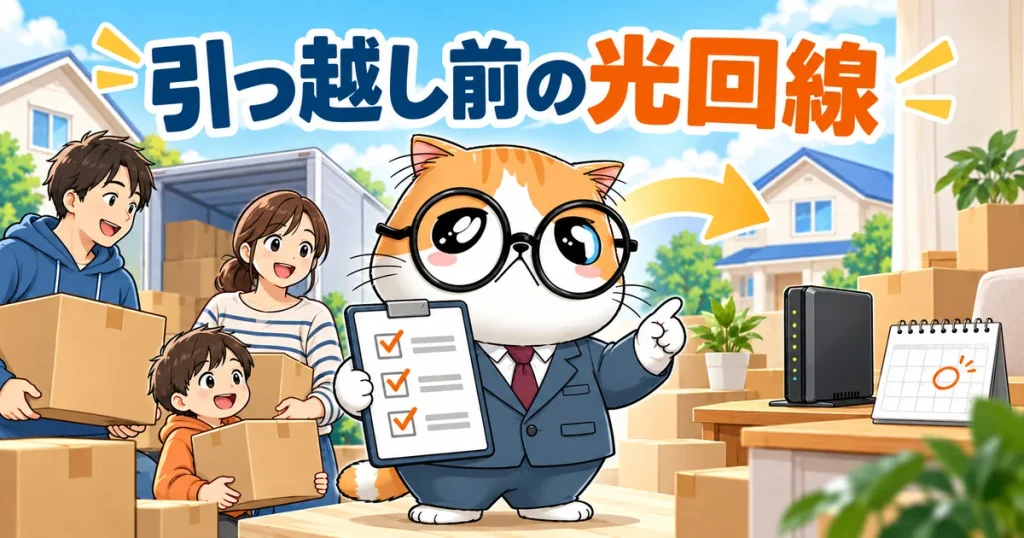 引っ越し前の光回線について、工事日と費用を確認する記事のアイキャッチ。