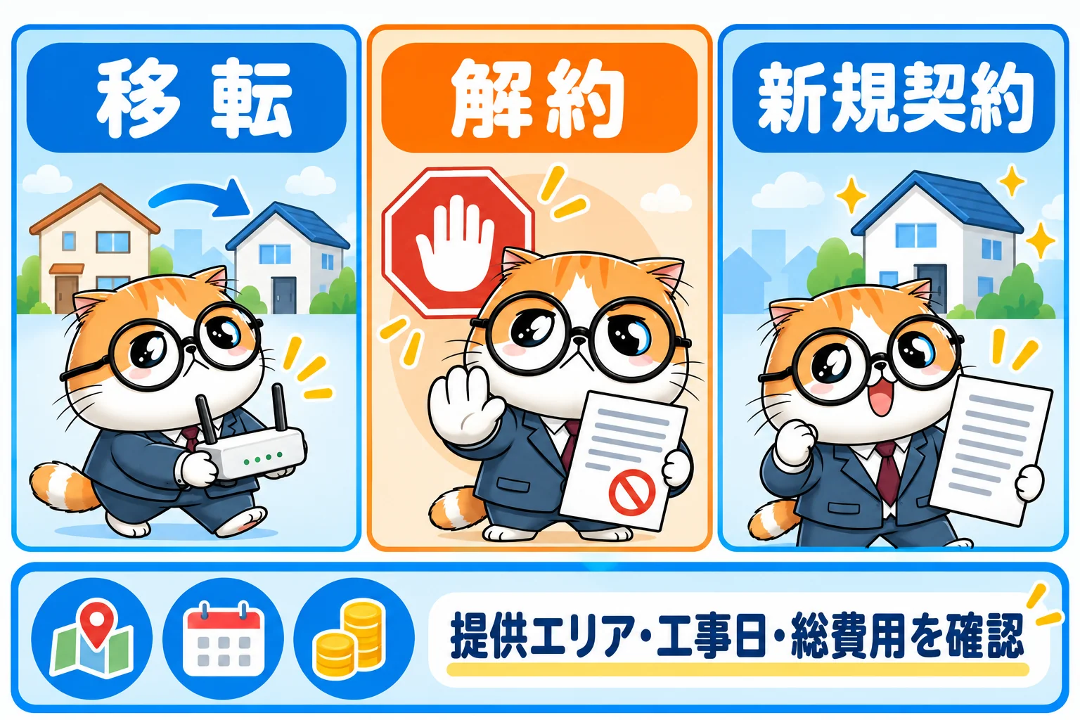 光回線の引っ越し判断図。移転、解約、新規契約を提供エリア、工事日、総費用で比較する。