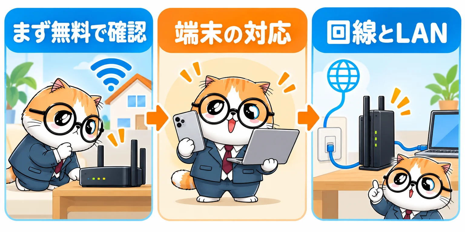 Wi-Fi 7購入前の判断図。まず無料で設置を確認し、端末の対応、回線とLANを順に調べる。