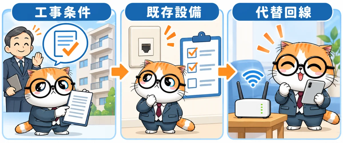 賃貸で工事ができない場合に工事条件、既存設備、代替回線を順に確認する図