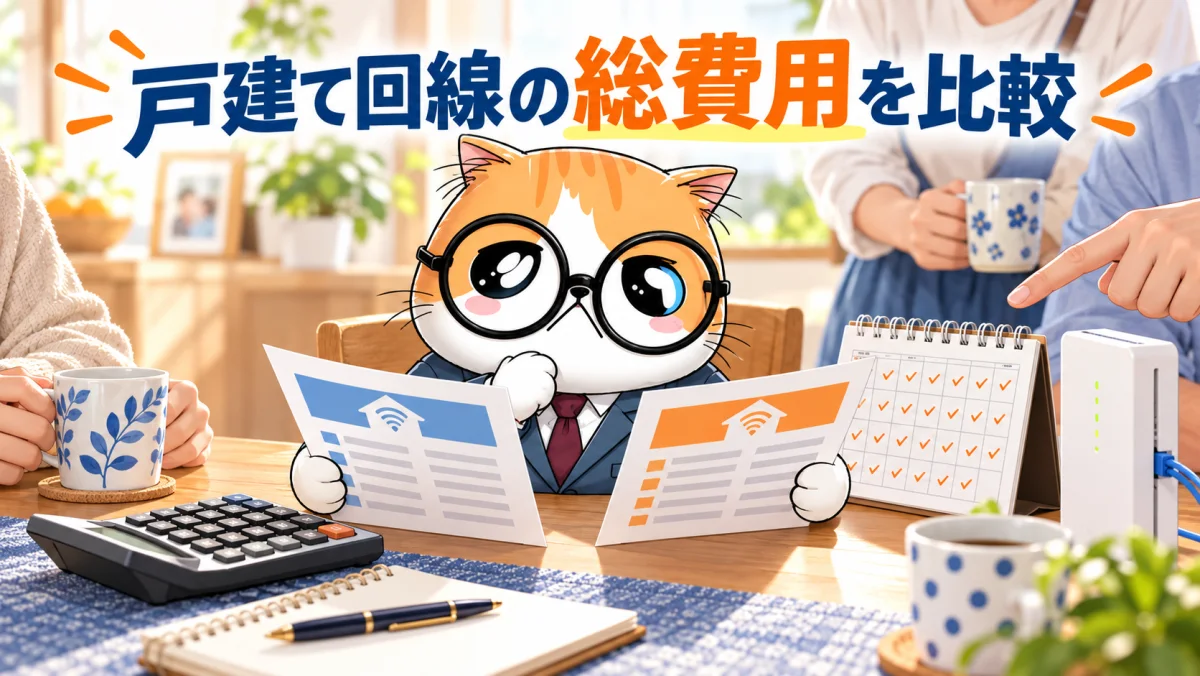 戸建て用光回線の料金表と24カ月の総費用を比較する茶トラ案内役
