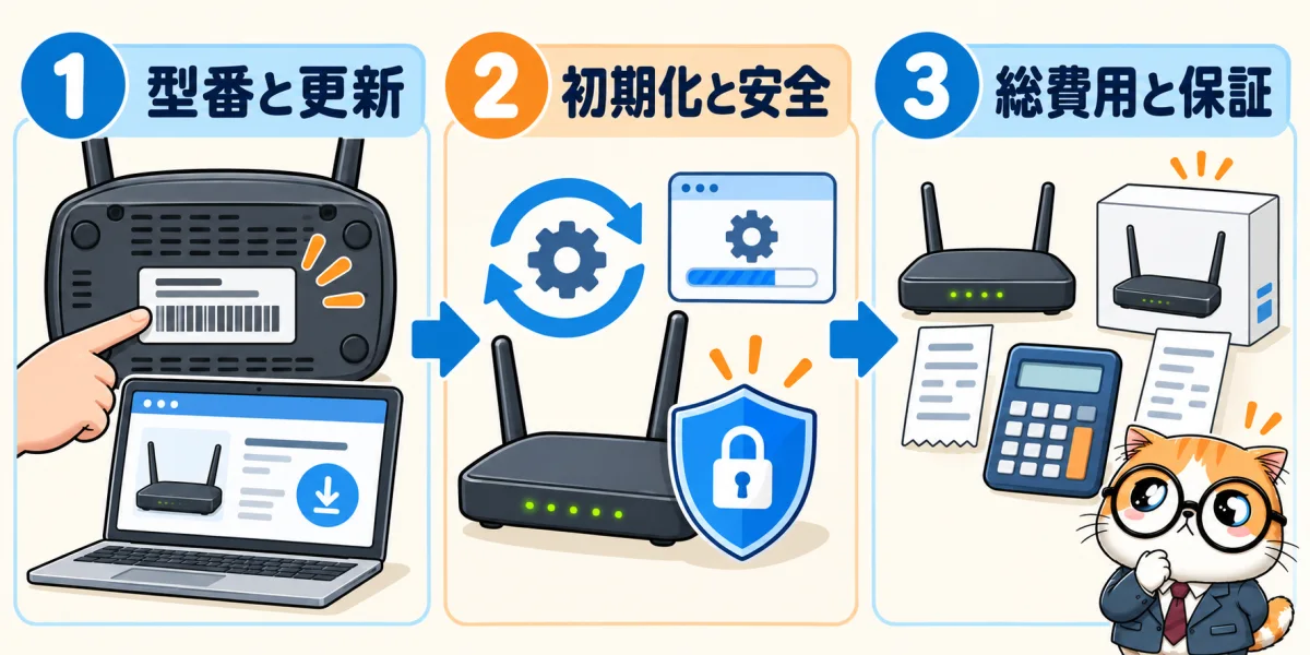 中古ルーター購入前に型番と更新、初期化と安全、総費用と保証を順に確認する図