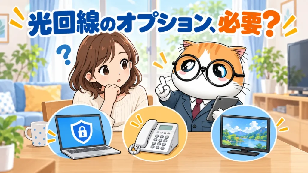光回線契約前にセキュリティ・光電話・テレビの必要性を比べる茶トラ案内役