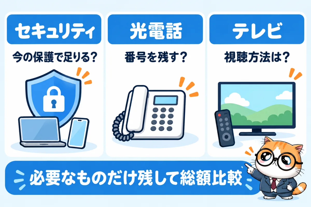 セキュリティは今の保護、光電話は番号、テレビは視聴方法を確認し必要なものだけ総額に入れる図