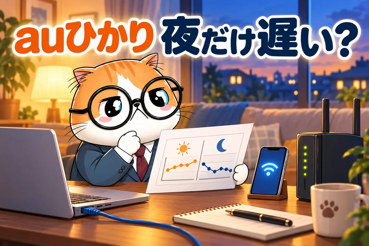 auひかりが夜に遅く感じるとき昼夜と有線接続を比較する茶トラ案内役