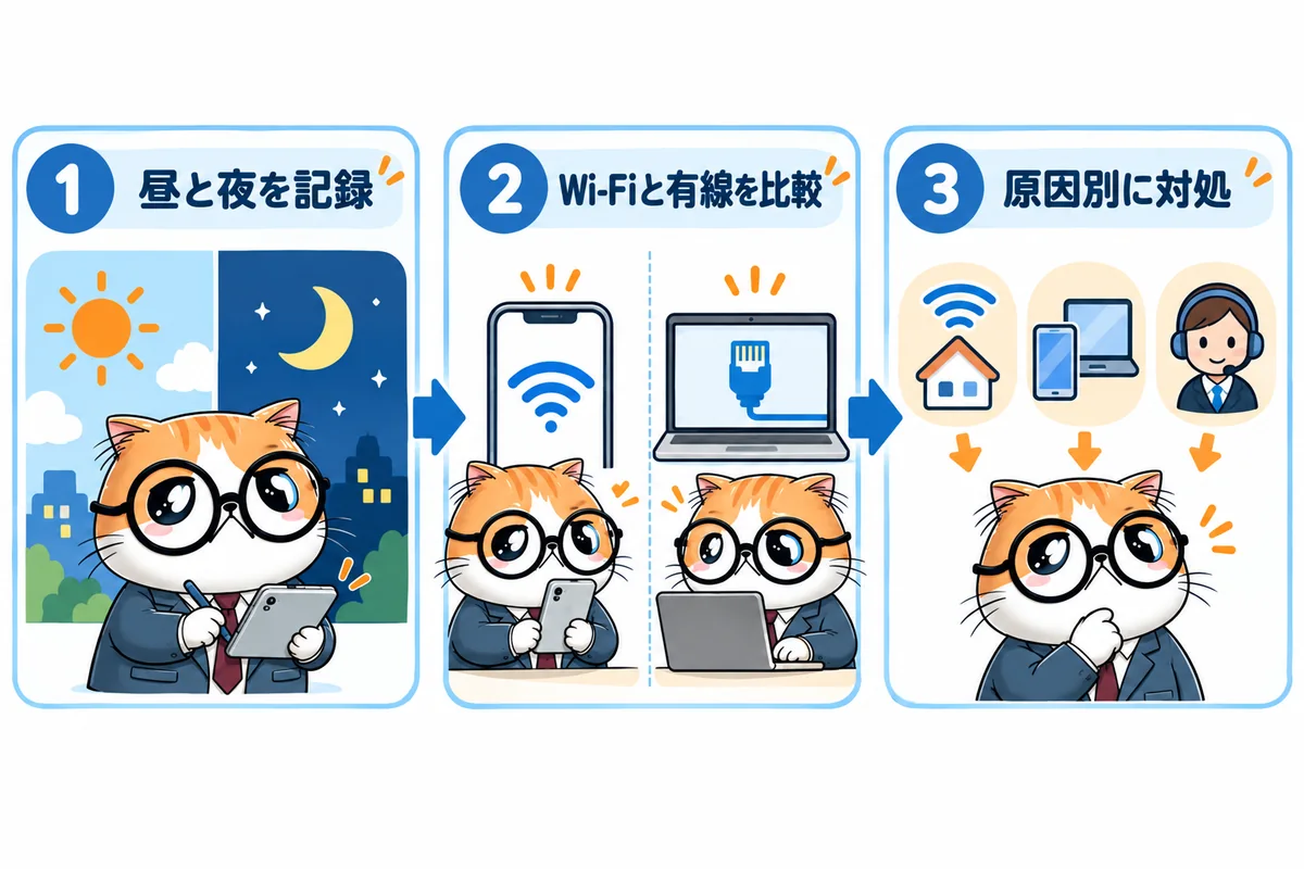 夜の速度低下を昼夜の記録、Wi-Fiと有線の比較、原因別の対処で切り分ける図