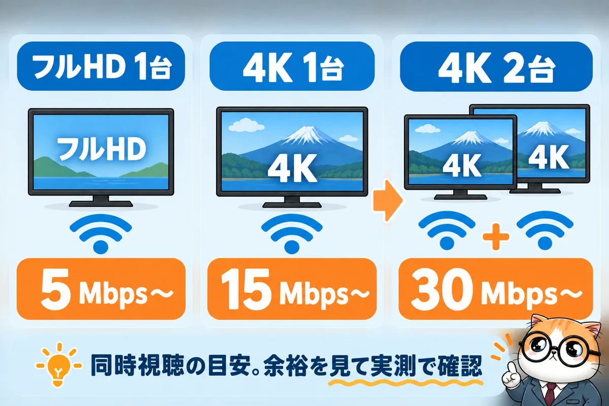 Netflixの推奨速度を基にしたフルHD1台5Mbps、4K1台15Mbps、4K2台30Mbpsの同時視聴目安