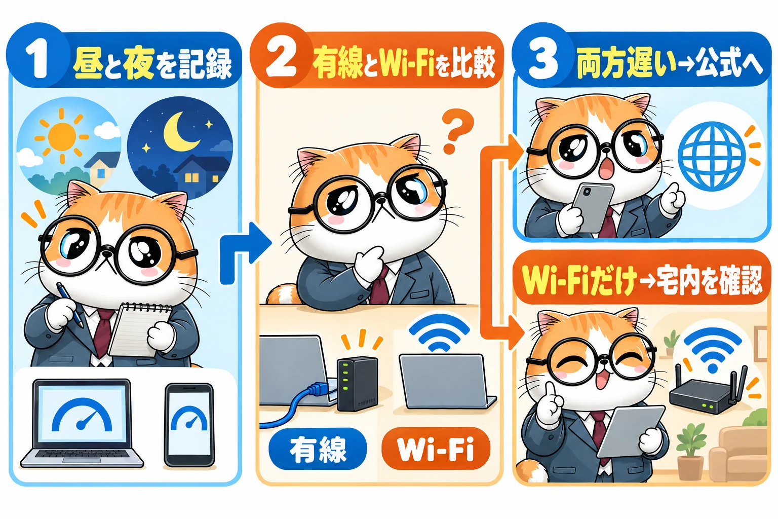 昼夜の記録、有線とWi-Fiの比較、公式確認へ分岐する図