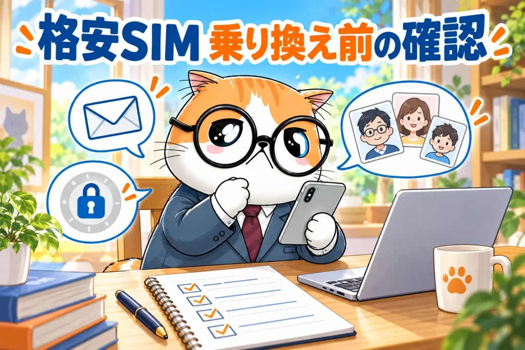 格安SIM乗り換え前にメール・認証・家族連絡を確認する茶トラ案内役