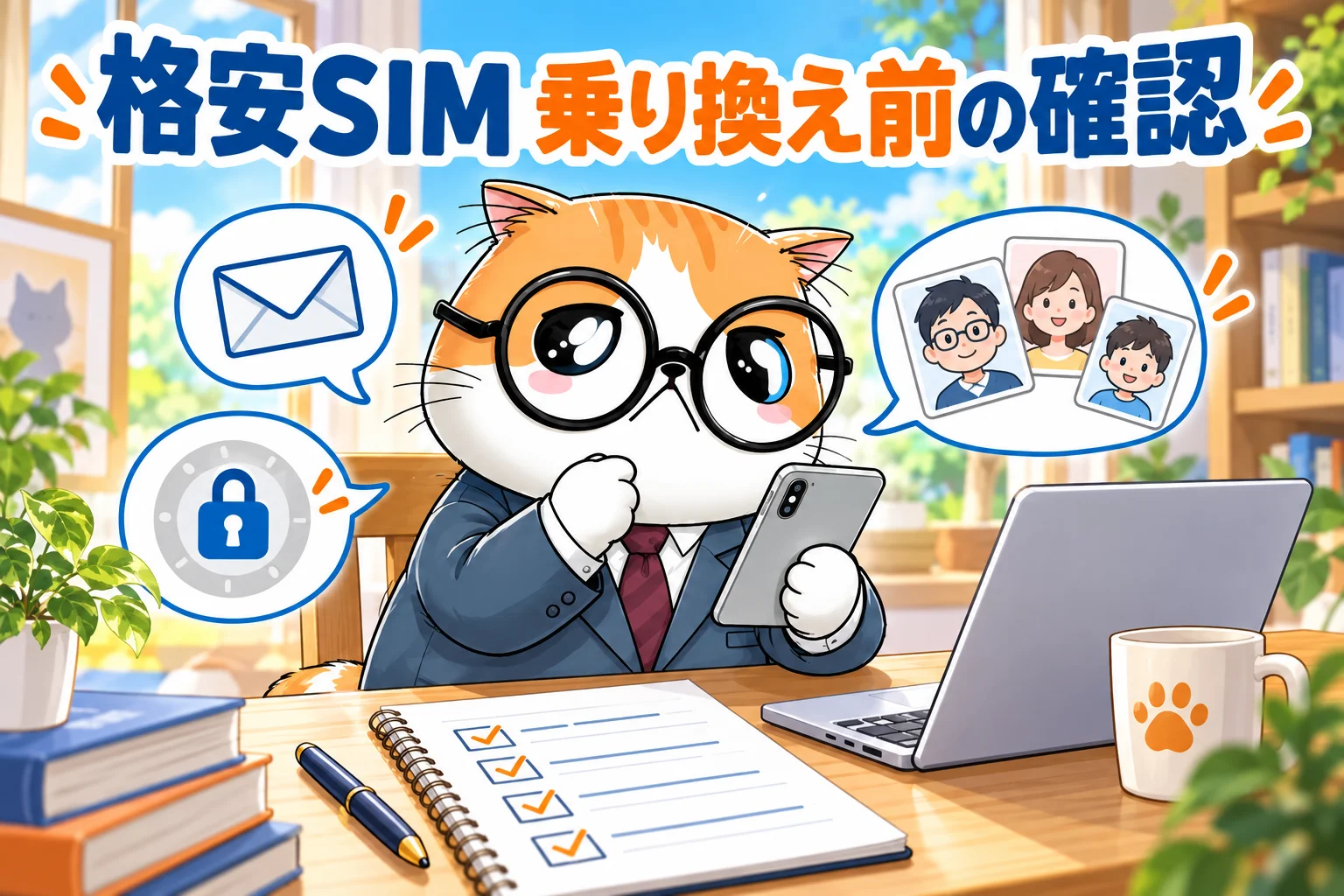 格安SIM乗り換え前にメール・認証・家族連絡を確認する茶トラ案内役