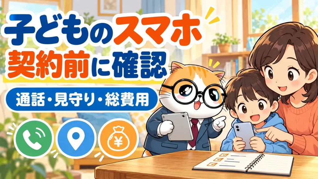 子どものスマホ契約前に通話・見守り・総費用を確認する親子と茶トラ案内役