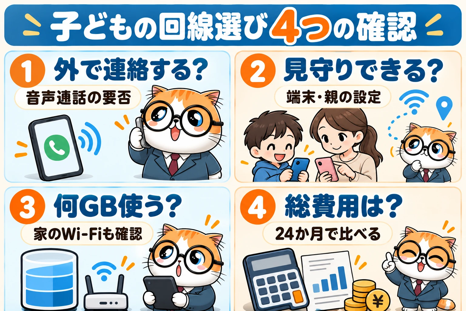 子どもの回線選びで外の連絡、見守り、容量、24か月総費用を確認する4つの図
