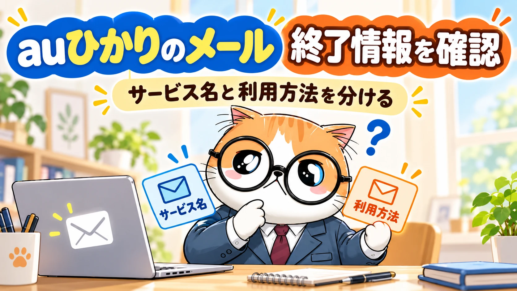 auひかりのメール終了情報をサービス名と利用方法に分けて確認する茶トラ案内役